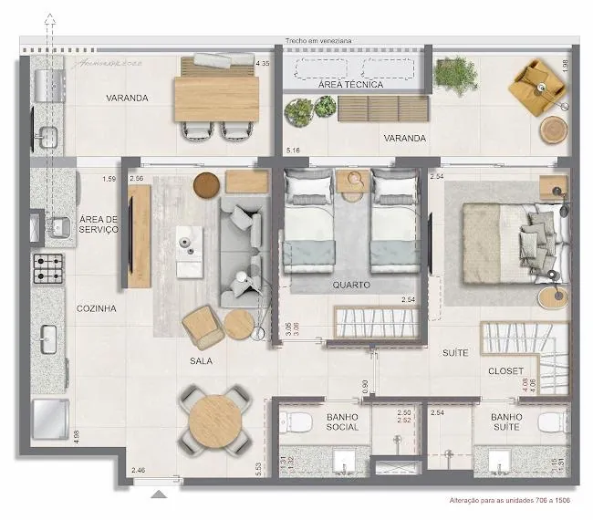 Planta do apartamento de 2 quartos com 77,96 m² do Edifício Contemporâneo do Glória Residencial