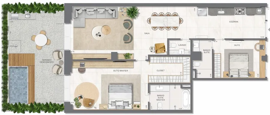 Planta do apartamento Terrace de 2 suítes com 168,62 m² do Edifício Histórico I do Glória Residencial