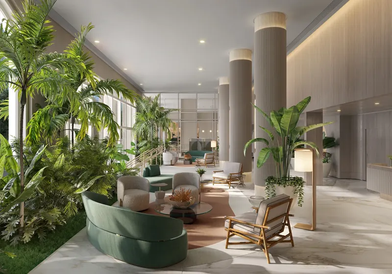 Lobby do Glória Residencial com pé-direito de 5 m, jardim e estar